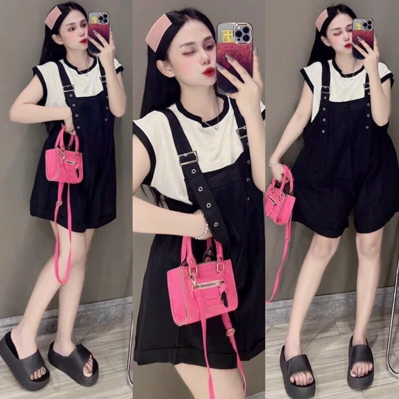 Quần yếm nữ , quần yếm jean dáng ngắn form rộng màu đen màu trắng 2 dây túi trước vải Quảng Châu dày dặn 115