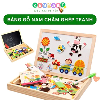 Đồ chơi bảng gỗ nam châm ghép tranh kèm bảng viết thông minh 2 mặt Kenmart, nhiều chủ đề, có bút tẩy xóa, hàng cao cấp