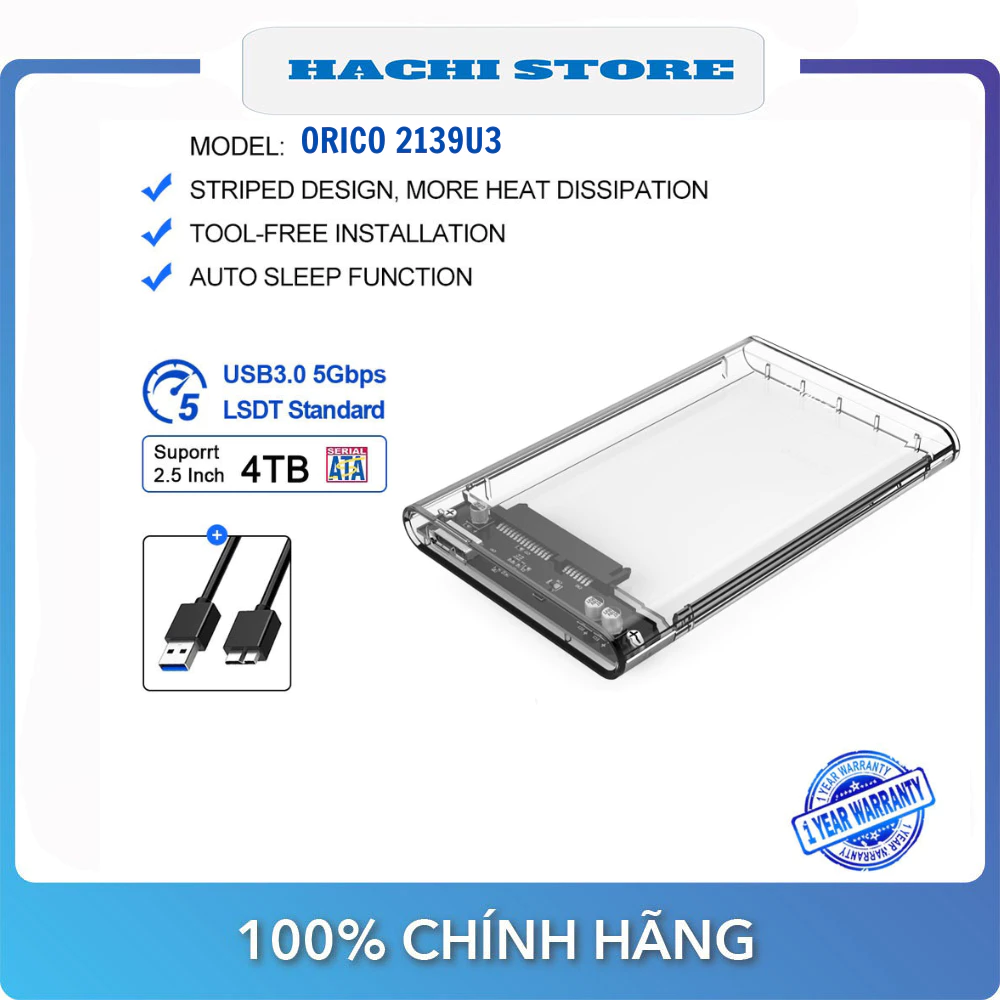 box ổ cứng ORICO 2139U3 hỗ trợ hdd/ssd 2.5'' ra cổng  giao tiếp USB 3.0 cáp đi kèm - Hàng Chính Hãng