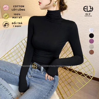 Áo thun nữ cổ lọ tay dài chất cotton lót lông giữ nhiệt kiểu áo phông dáng ôm body dài co giãn tốt ELY282