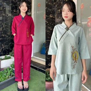 CÓ BIGSIZE Set bộ nữ linen 2 nút thêu Mẹ đồ lam đi chùa