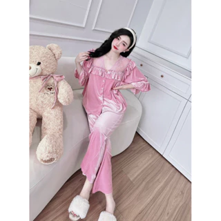 Đồ Bộ Nữ Pyjama Mẫu Tiểu Thư Nút Bọc Siêu Sang - Chất Lụa Nhung Mềm Mát