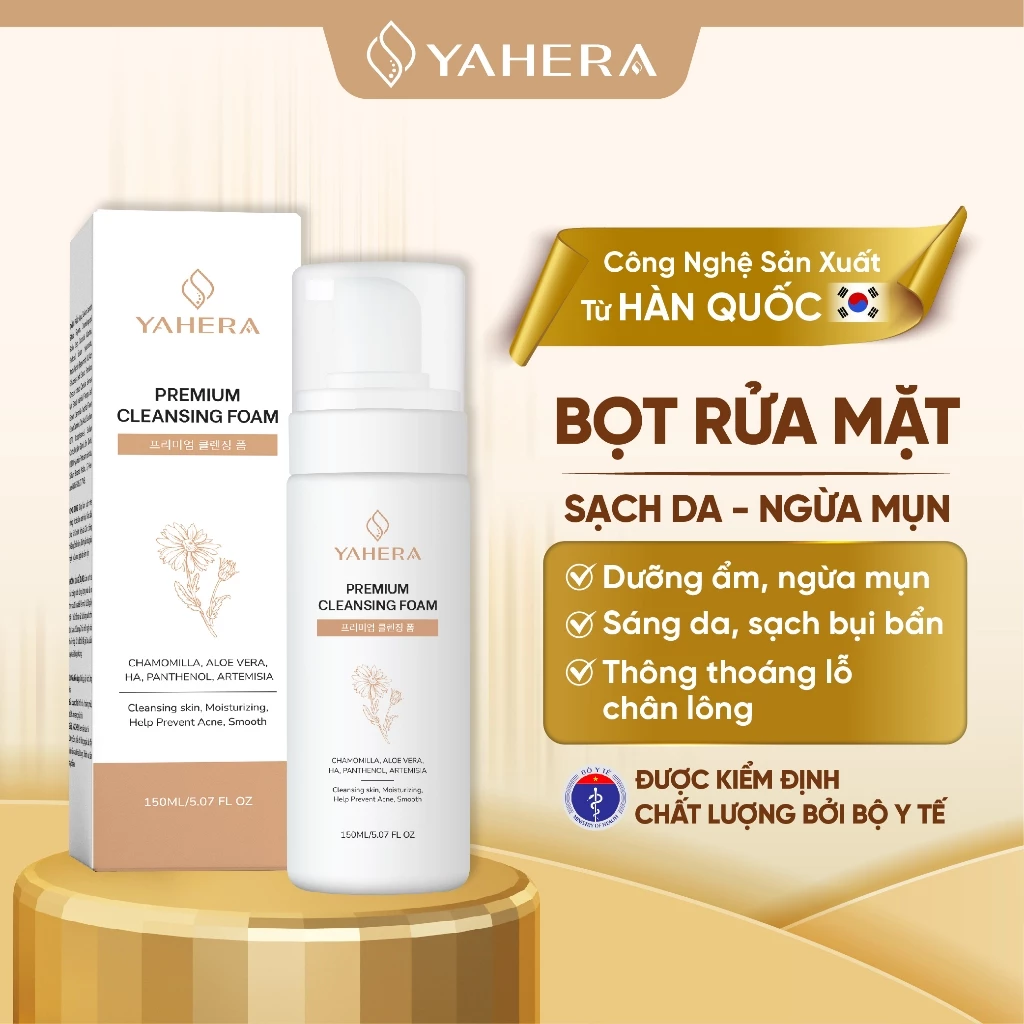 Sữa rửa mặt dạng bọt YAHERA Premium Cleansing Foam làm sạch bụi bẩn,dầu thừa và bã nhờn giúp sáng da ngăn ngừa mụn 150ml