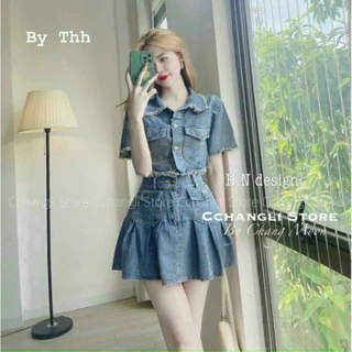 Sét váy nữ thời trang mặc đi chơi áo croptop tay ngắn mix chân váy xếp ly chất jean QC