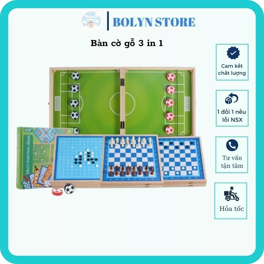 Bộ cờ vua,cờ cá ngựa,cờ búng bằng gỗ cao cấp – Bàn đồ chơi 3in1 sản phẩm giúp cho bé thỏa thích tư duy vui chơi BOLYN