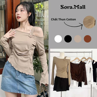 Áo Kiểu Nữ Lệch Vai Sora.Mall,Áo Trễ Vai Nữ Bigisize Dài Tay Chất Liệu Thun Cotton Co Giãn 112