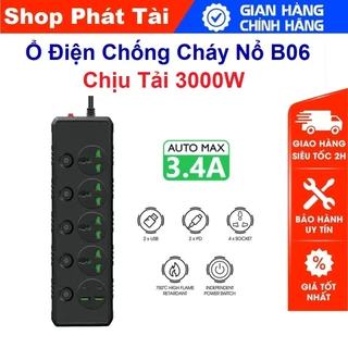 Ổ cắm điện đa năng thông minh POWER SOCKET B06 2 cổng USB sạc siêu nhanh, 4 phích cắm điện, ổ chịu tải 3000W, dây nối 2m