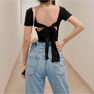 áo thun croptop nữ cổ tròn sâu nơ lưng xinh tôn dáng đủ size 40kg-120kg