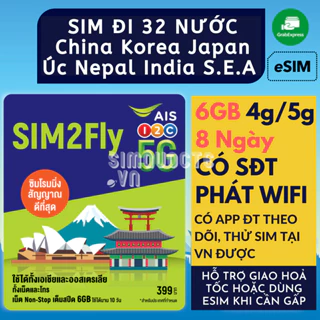 Sim Du Lịch 4G 5G 32 Nước Châu Á Hàn Quốc Nhật Bản Trung Quốc Úc SIM2FLY Tốc Độ Cao Hỗ trợ Giao Nhanh và Esim