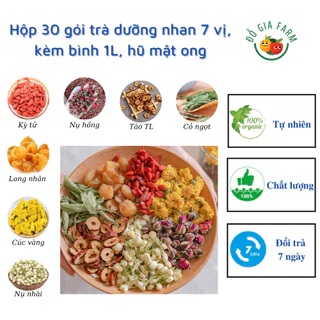 Set 30 gói trà dưỡng nhan 7 vị tặng bình nhựa 1000ml, hộp, túi vải, 3 gói đường detox, 1 hũ mật ong