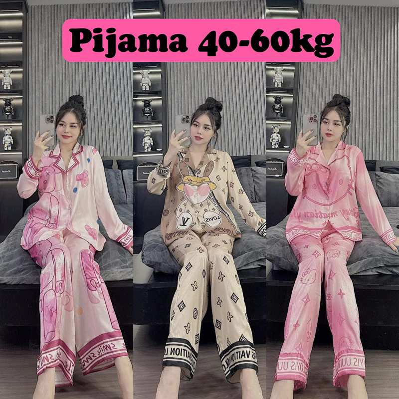 Đồ bộ ngủ nữ Pijama lụa cao cấp mặc nhà tay dài siêu cute dễ thương thiết kế in 5D sắc nét mềm mịn mát