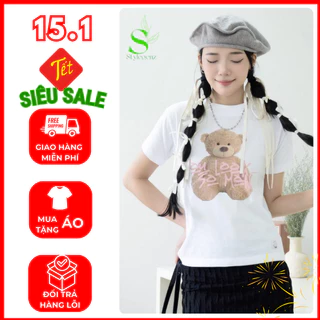 Áo Thun Nữ Baby Tee Trắng Cotton Co Giãn In Hình Gấu Cute Hàn Quốc Dễ Thương StyleGenZ Đi Học, Chơi Làm Dạo Phố