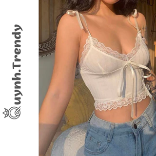 Áo Croptop Kiểu Bra Viền Ren Nữ Phối Nơ, Áo Bra 2 Dây Chất Thun Gân Sexy Quynh Trendy A09