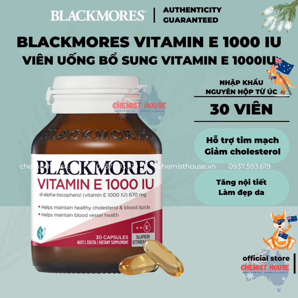 [HSD>12T] Blackmores Natural Vitamin E 1000IU - Viên uống bổ sung vitamin E 30 viên