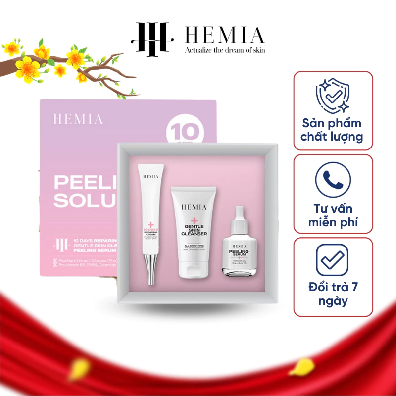 Bộ 3 sản phẩm peel da HEMIA gồm sữa rửa mặt cho da peel, tinh chất tái tạo retinol 0.5%, kem dưỡng phục hồi da
