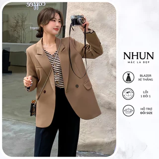 Áo blazer nữ dáng dài NhunFashion Áo vest nữ dài tay khoác ngoài thiết kế xẻ thẳng sau cúc viền túi nắp trẻ trung N131