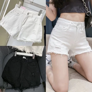 Quần short jean nữ rách ô nhỏ viền tua rua lưng cao trắng đen, Quần sooc bò nữ cạp cao phong cách hàn quốc chất co dãn