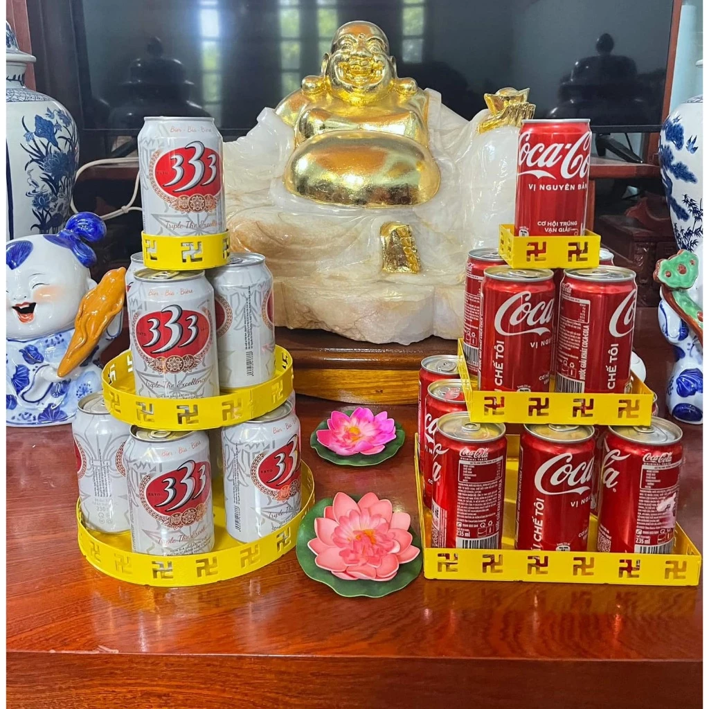 Tháp bày bia nước lọc tròn, vuông, khay đựng nước ngọt 3, 5 tầng cúng lễ trang trí bàn thờ ngày tết