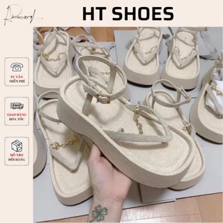 Giày Sandals C xỏ ngón đế bánh mì chất liệu cói da đế bằng 5cm xăng đan dây xích đế bự bánh mì #2937-1