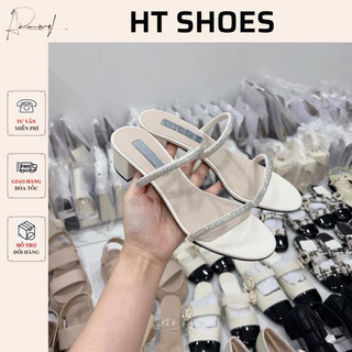 (Sẵn)Giày sandal C đế xuồng gót vuông 5p quai mảnh đính đá sang chảnh mới 2023 hàng FULLBOX, Giày mules đế trụ #7130