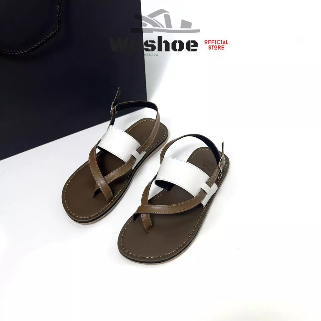 Giày sandal nữ xỏ ngón WOSHOE quai chéo bassic 2 màu Nâu Trắng/Đen
