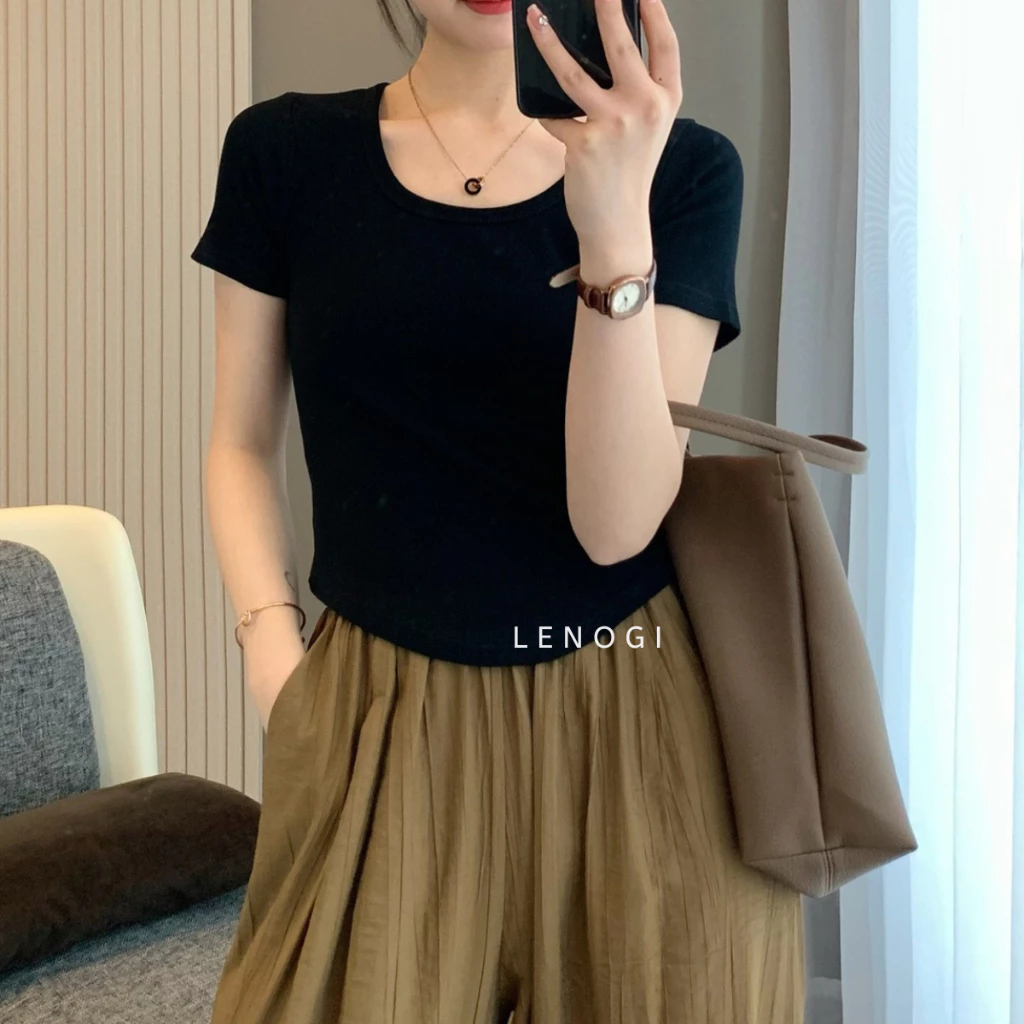 Áo thun nữ ôm body cổ vuông vạt bầu 💛 LENOGI 💛 Áo phông ôm body cộc tay croptop A52