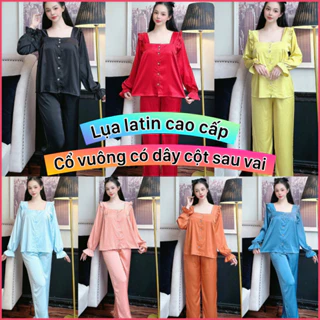 Đồ bộ pijama nữ tay dài cổ vuông siêu hot, chất liệu lụa cao cấp mềm mướt mịn chuẩn hàng shop