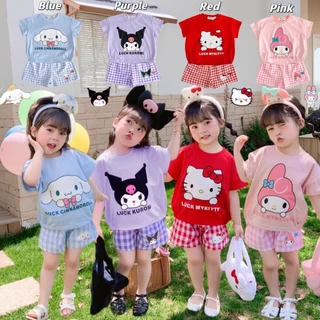 Bộ hè áo thun quần caro cao cấp 100% cotton hoạ tiết đáng yêu cho bé gái A1869 - TOPZKIDS