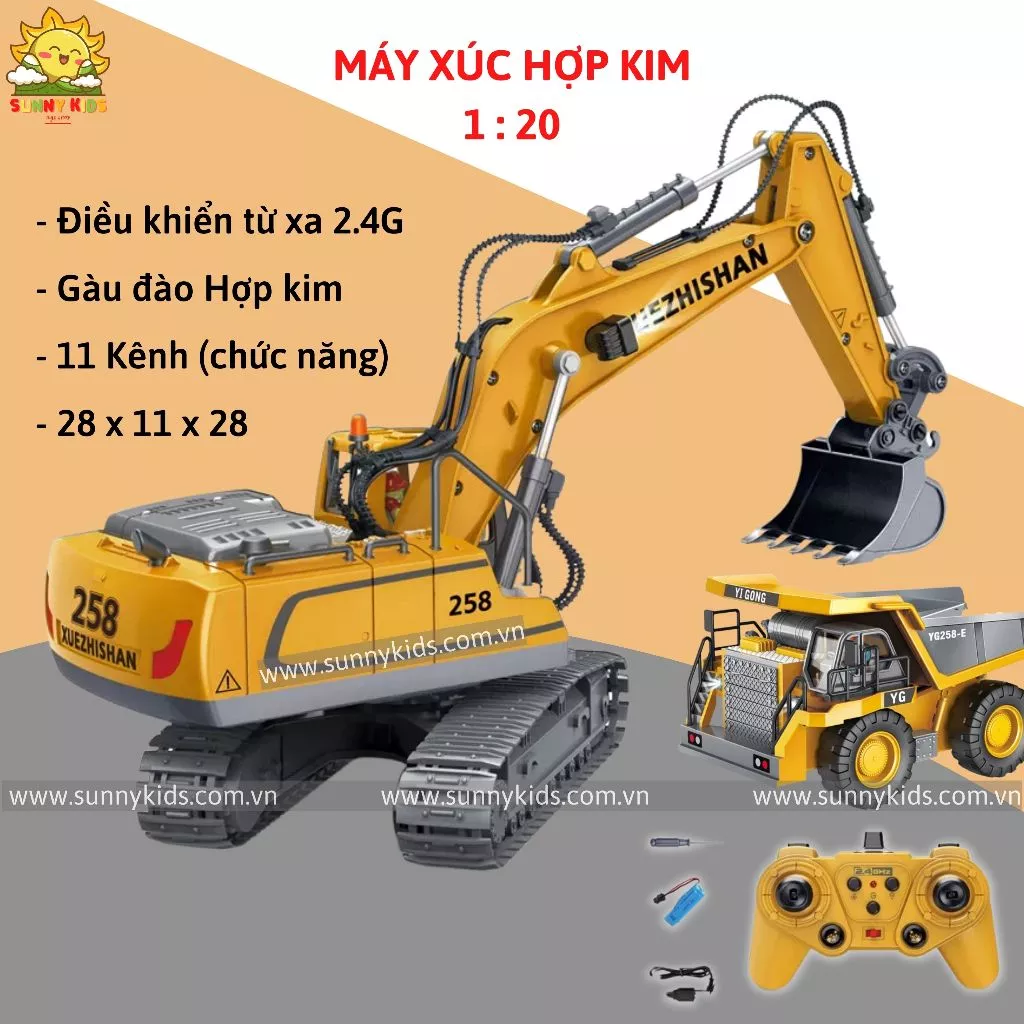 Xe máy Xúc điều khiển từ xa Xuezhishan 11 kênh, nhiều chức năng tự động, phát nhạc, gàu hợp kim, PIN sạc - Sunny Kids