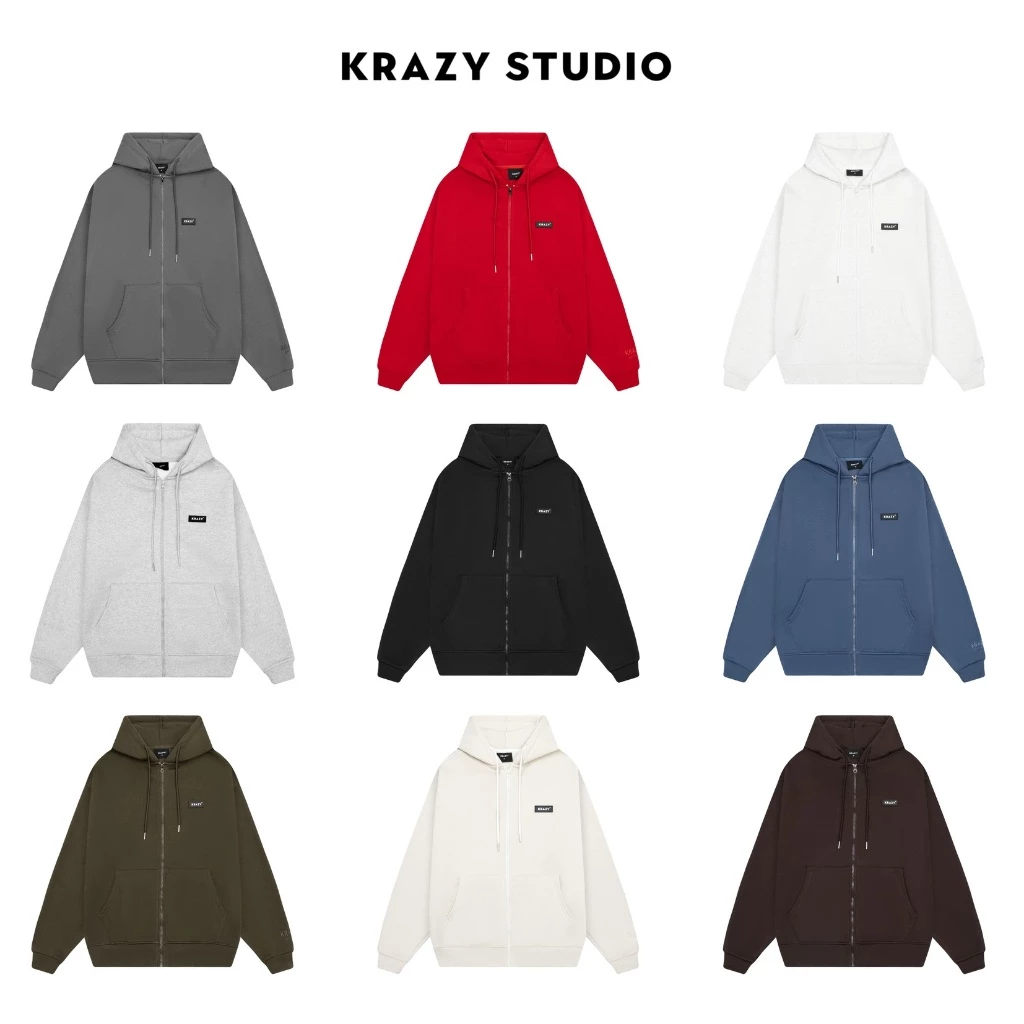 ÁO KHOÁC NỈ HOODIE ZIP KRAZY STUDIO TAG CAO SU CHÂN CUA và NỈ BÔNG  Form Rộng Nam Nữ Unisex (có 2 Túi Trong)