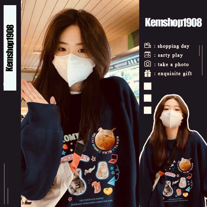 [ RẺ VÔ ĐỊCH] Áo sweater XIAOZHAINV cổ tròn dáng rộng in họa tiết màu đen thời trang mùa thu cho nam nữ