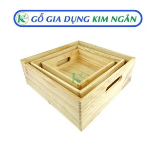 Khay Vuông Gỗ Thông Có Quai Cầm Đựng Hoa Quả - Size 30 - 25 - 20 cm