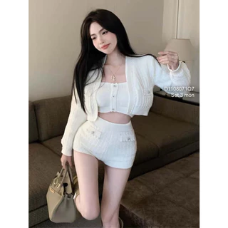 Set len áo khoác croptop tay dài+ áo croptop cup ngực+ quần short!