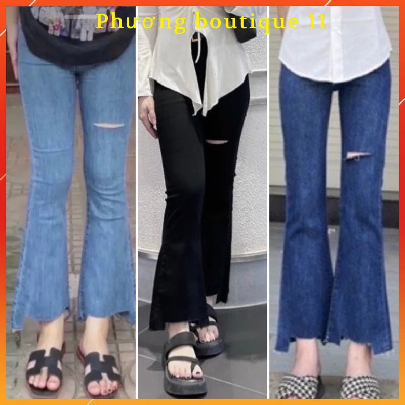 Quần jeans loe co giãn 2 chiều thiết kế rách đùi cắt gấu thời trang