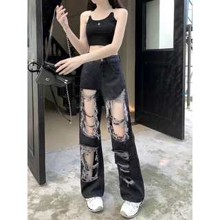 ( có Bigsize) Quần jeans nữ TNGER ống rộng lưng cao rách tua rua nhìu mảng phong cách QC