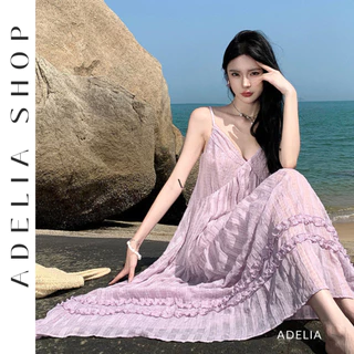 「ADELIA」Đầm 2 Dây Đi Biển Màu Tím Cổ V Khoét Lưng Chất Vải Mềm Mịn 2 Lớp Hàng Quảng Châu DH2414