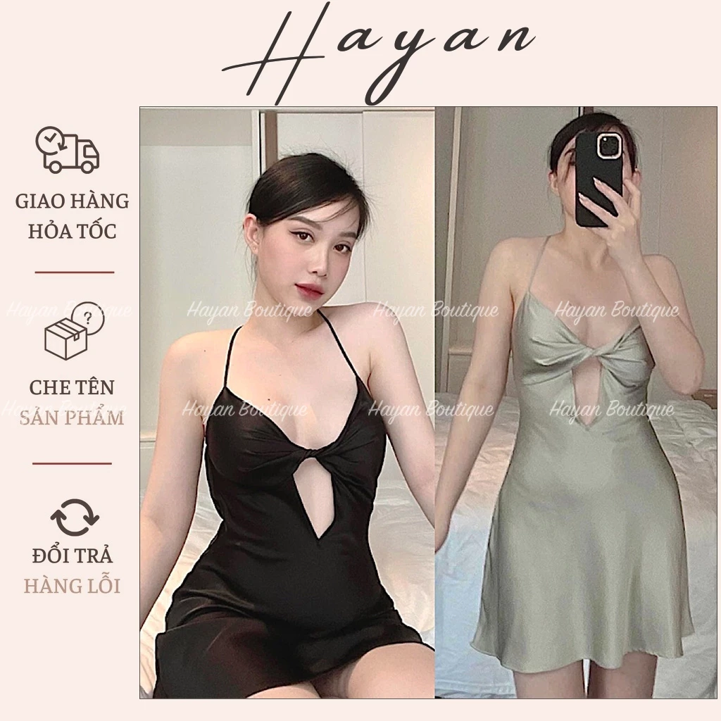 HT173 Váy ngủ sexy xoắn ngực kèm ĐỆM LÓT, đầm ngủ lụa dáng suông quyến rũ HT173 MÚT