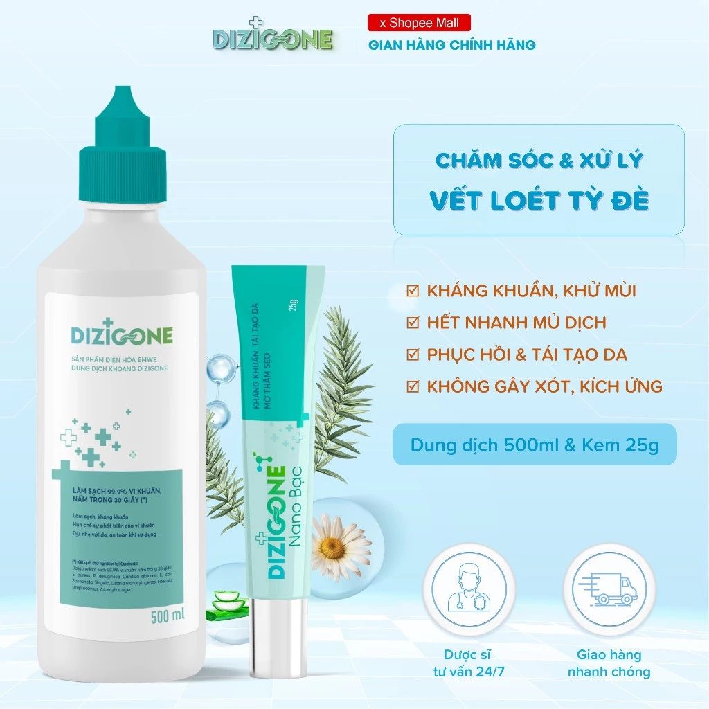 [Bộ đôi] Dung dịch kháng khuẩn DIZIGONE 500ml & Kem DIZIGONE Nano Bạc 25g: Chăm sóc vết loét do tỳ đè/ nằm liệt