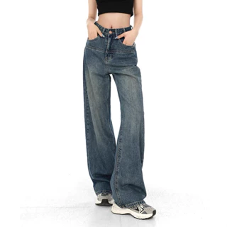 Quần Jeans Nữ Ống Suông , Quần Bò Nữ Ống Rộng Xanh Mài Phía Trước Siu Xinh TL36