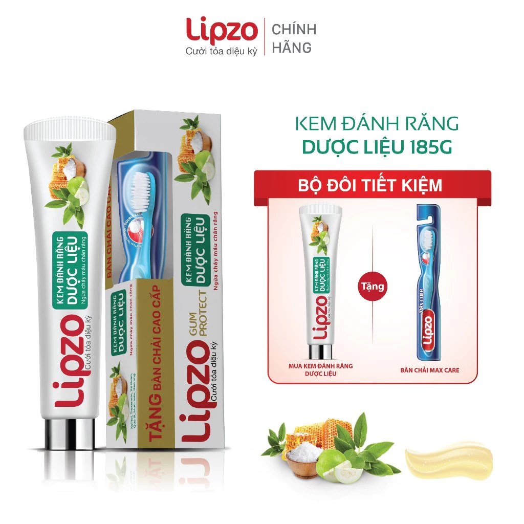 Bộ Đôi 01 Kem Đánh Răng Dược Liệu Lipzo 185 Gram Và 01 Bàn Chải Đánh Răng Lipzo Maxcare Ngừa Chảy Máu Chân Răng Tụt Nướu