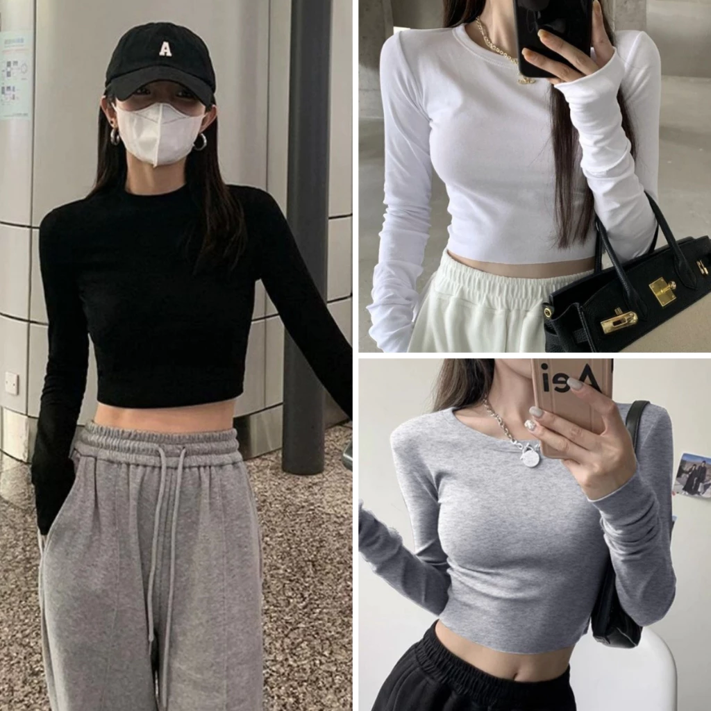 Áo Thun Croptop Nữ Tay Dài Cổ Tròn Dáng Ôm Thu Đông, Croptop Nữ Cổ Tròn Tay Dài Ôm Body