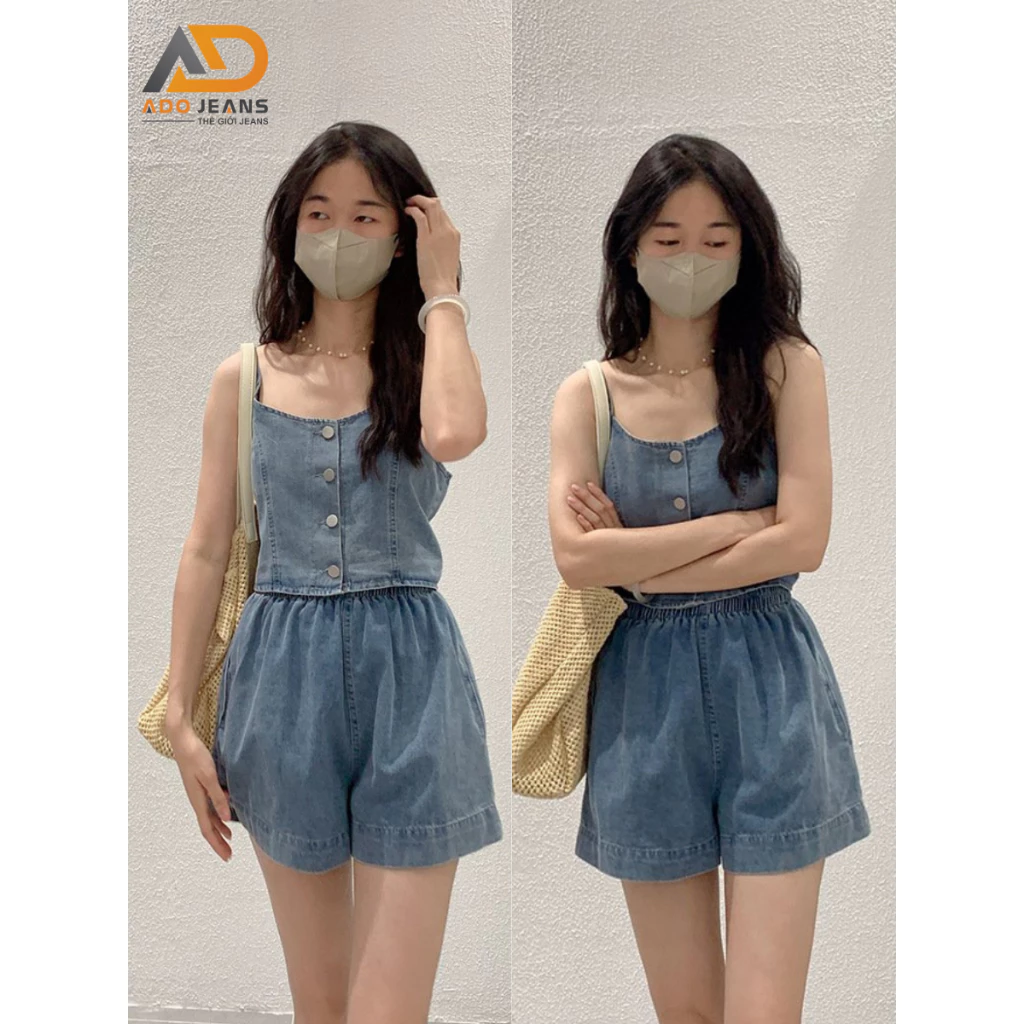 Set Denim ADO JEANS áo 2 dây  phối nút xinh xắn +  quần đùi ống rộng lưng cao siêu tôn dáng SET01