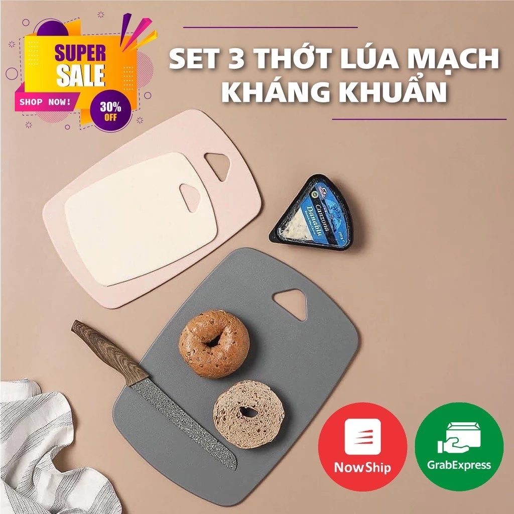 Combo 3 thớt nhựa kháng khuẩn, thớt nhựa lúa mạch cao cấp chống nấm mốc an toàn