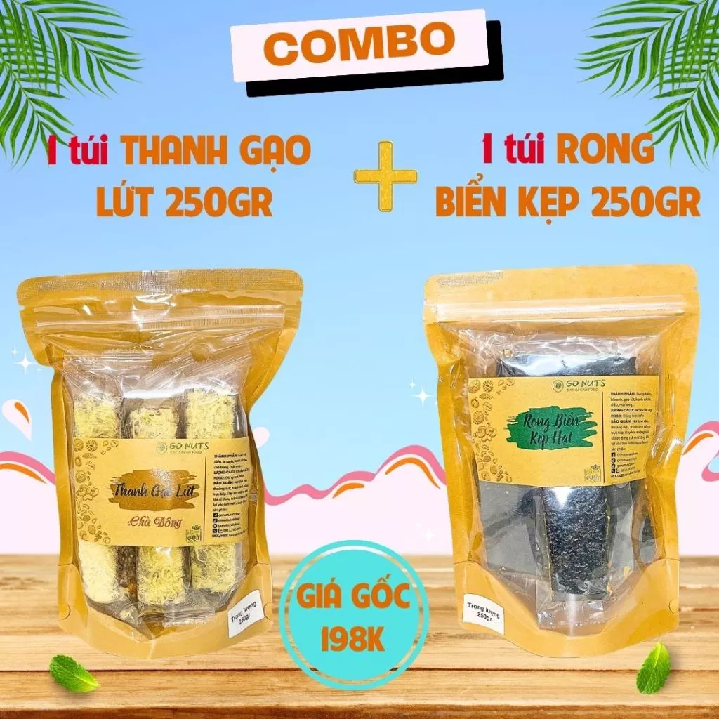 Combo B1: Thanh gạo lứt túi 250g + Rong biển kẹp hạt túi 250g GO NUTS Bánh ăn kiêng không đường