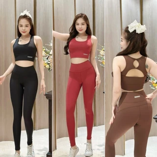 Bộ quần áo tập gym nữ vải co giãn 4 chiều có mút ngực - Set quần dài và áo bra croptop hở lưng-(D36)