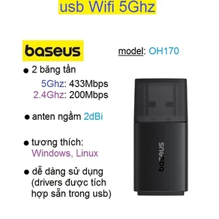 USB thu Wifi 5Ghz cho máy tính tốc độ cao 650Mbps Baseus FastJoy Series WiFi Adapter nhỏ gọn (OH170)