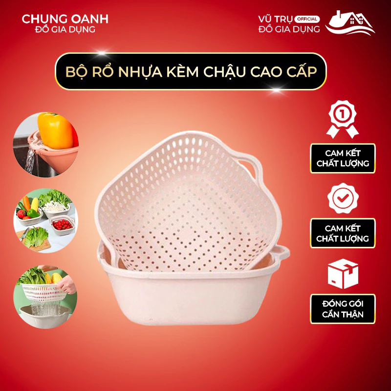 Bộ rổ nhựa vuông tách nước cao cấp đựng đồ đa năng gồm 3 rổ 3 chậu, Rổ đựng đồ nhà bếp