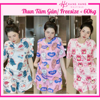 Set đồ bộ nữ đùi ngắn tay cộc thun tăm gân mát lạnh co dãn freesize 40-65kg, đồ ngủ mặc nhà cute gấu dâu dễ thương xinh