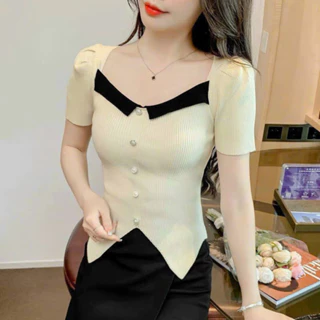 Áo len tay ngắn nữ , áo len nữ dáng ngắn cổ V vạt chéo dáng croptop màu kem màu đen vải len QCCC Loại 1 ulzzang Larosa