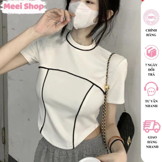 Áo croptop nữ ngắn tay cổ tròn phối viền màu nổi bật Meei Shop, Áo kiểu nữ ôm body vạt bầu cực tôn dáng A406-